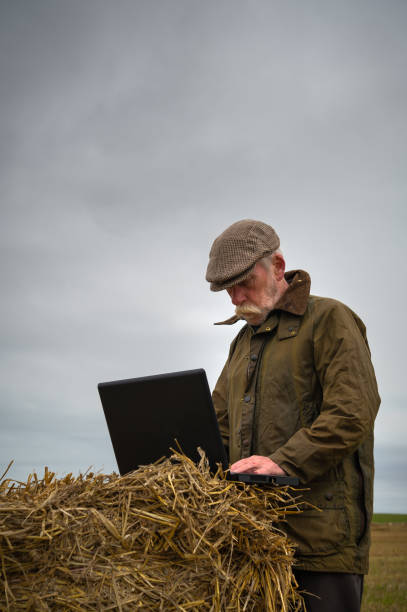 istock Senior man using a laptop outdoors in a crop field 1338251420