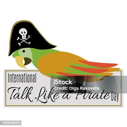istock International Talk Like a Pirate Day, idea for a postcard or banner, a parrot in a pirate hat 1338256176