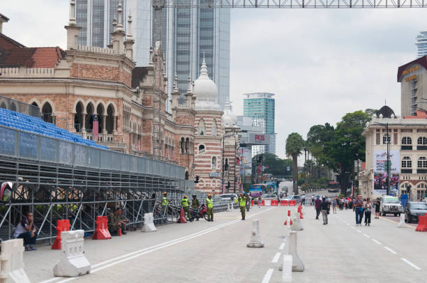 August 22, 2017. Kuala Lumpur, Malaysia.  the historic buildings on colonial walking path with the city of kuala lumpur, malaysia.