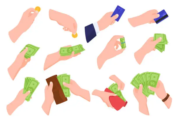 Vector illustration of Collection human hands holding cash paper money, coins and bank credit pay card vector illustration