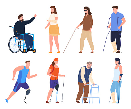 Collection people with disabilities vector flat illustration man and woman suffering physical injury