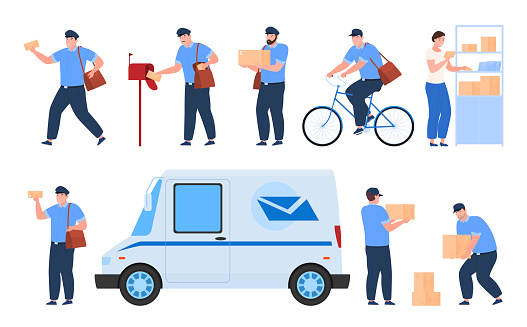 Collection postman delivery parcel vector illustration postal workers envelope, box, package