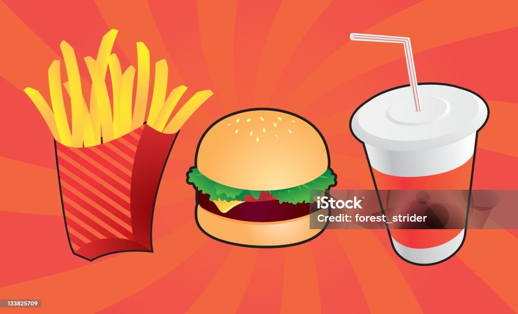 Comida rápida, hamburguesa con queso, refrescos de cola y papas fritas - arte vectorial de Alimento libre de derechos