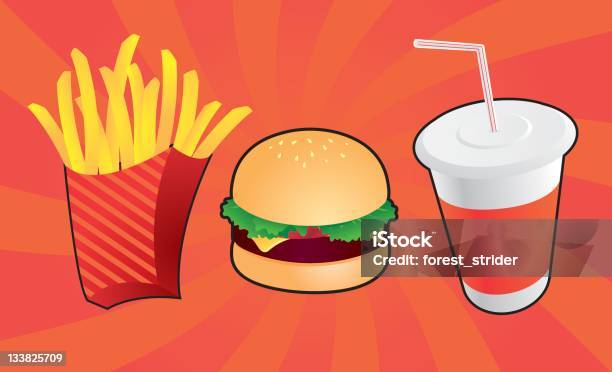 Fast Food Cheeseburger Cola E Patatine Fritte - Immagini vettoriali stock e altre immagini di Arancione - Arancione, Bevanda analcolica, Bibita