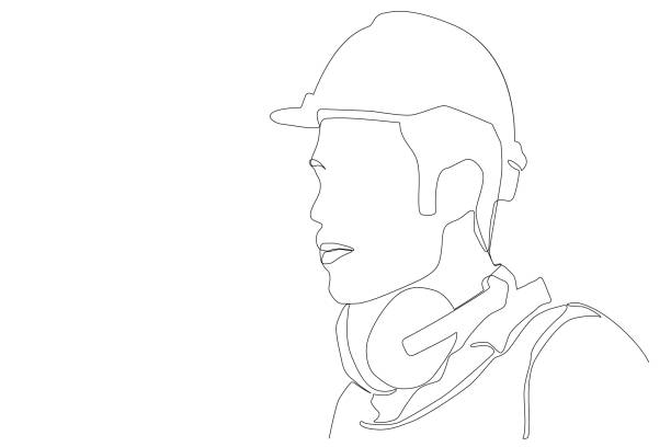 Continuous one line drawing design vector illustration of engineers man in hard hat, worker with protective headphones on white background Continuous one line drawing design vector illustration of engineers man in hard hat, worker with protective headphones on white background construction hiring stock illustrations