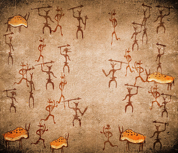 prehistoric cave painting with war scene prehistoric cave painting with war scene cave painting stock pictures, royalty-free photos & images