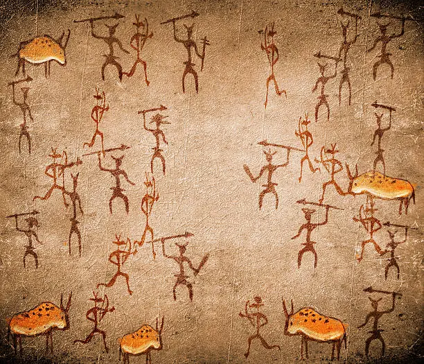 prehistoric cave painting with war scene