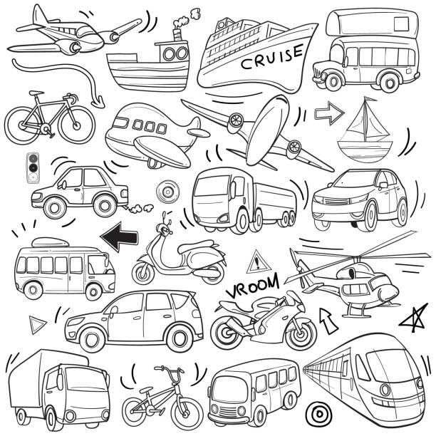 Transportation vehicle theme graphic vector illustration in simple black and white outline doodle Transportation vehicle theme graphic vector illustration in simple black and white outline doodle style travel clipart stock illustrations