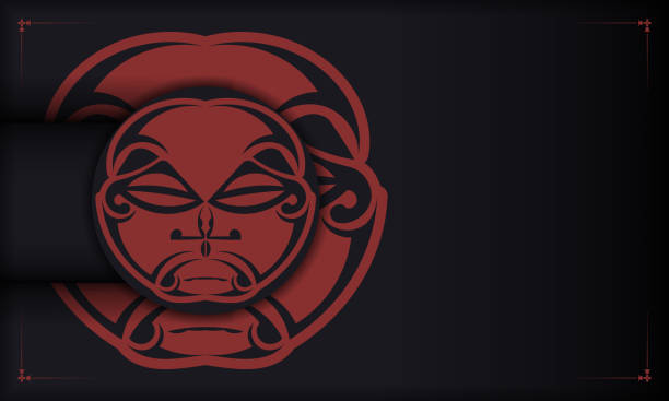 istock Template for a printable design of a postcard with a face in a polizenian style ornaments. Black banner with mask of the gods ornaments 1338260283