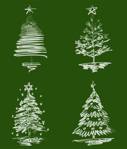 stockillustraties, clipart, cartoons en iconen met vector outline watercolor brush drawings of set various abstract christmas trees - watercolour brush strokes green background
