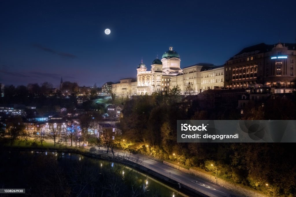 Federal Palace of Switzerland (Bundeshaus) at night - Bern, Switzerland Architecture Stock Photo