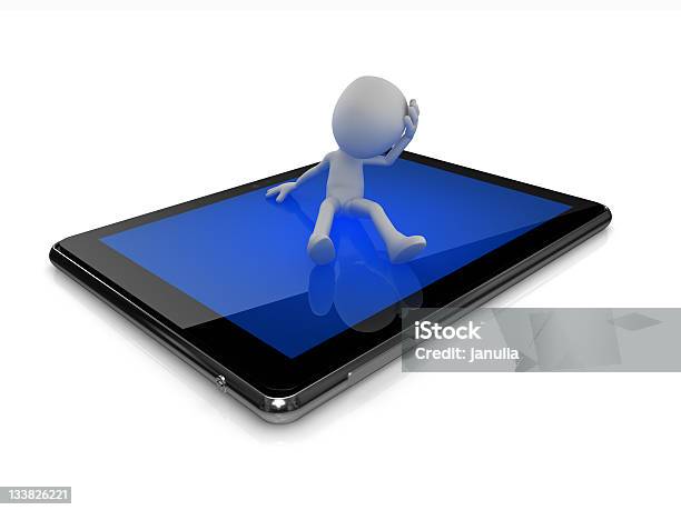 Man Sitting On Digital Tablet And Thinking Stock Photo - Download Image Now - Adult, Adults Only, Communication