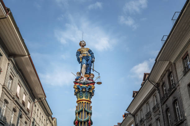 Fountain of Justice (Gerechtigkeitsbrunnen) - one of the medieval fountains of Bern Old Town - Bern, Switzerland Fountain of Justice (Gerechtigkeitsbrunnen) - one of the medieval fountains of Bern Old Town created in 1543 by Hans Gieng - Bern, Switzerland medieval restraints stock pictures, royalty-free photos & images
