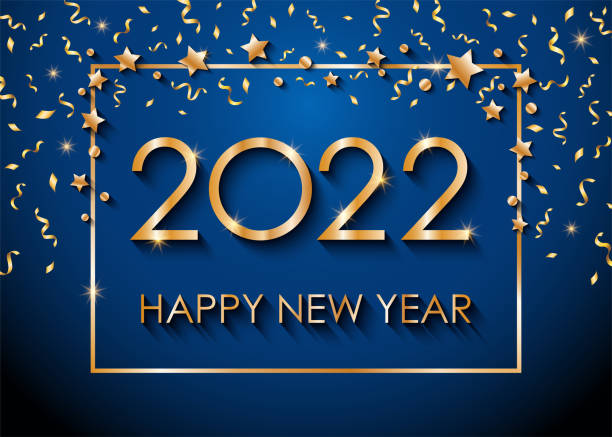 2022 Happy New Year text for greeting card, with gold glitter stars and confetti, calendar. Vector illustration. 2022 Happy New Year text for greeting card new years eve stock illustrations