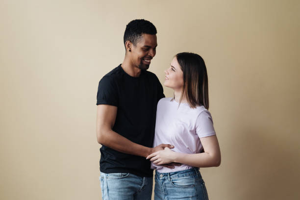 Enamoured couple finding out results of a pregnancy stock photo