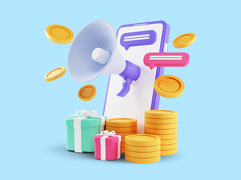 Render 3d de Refer A Friend Concept, Las personas comparten información sobre referencias y ganan dinero. Aislado sobre fondo azul photo