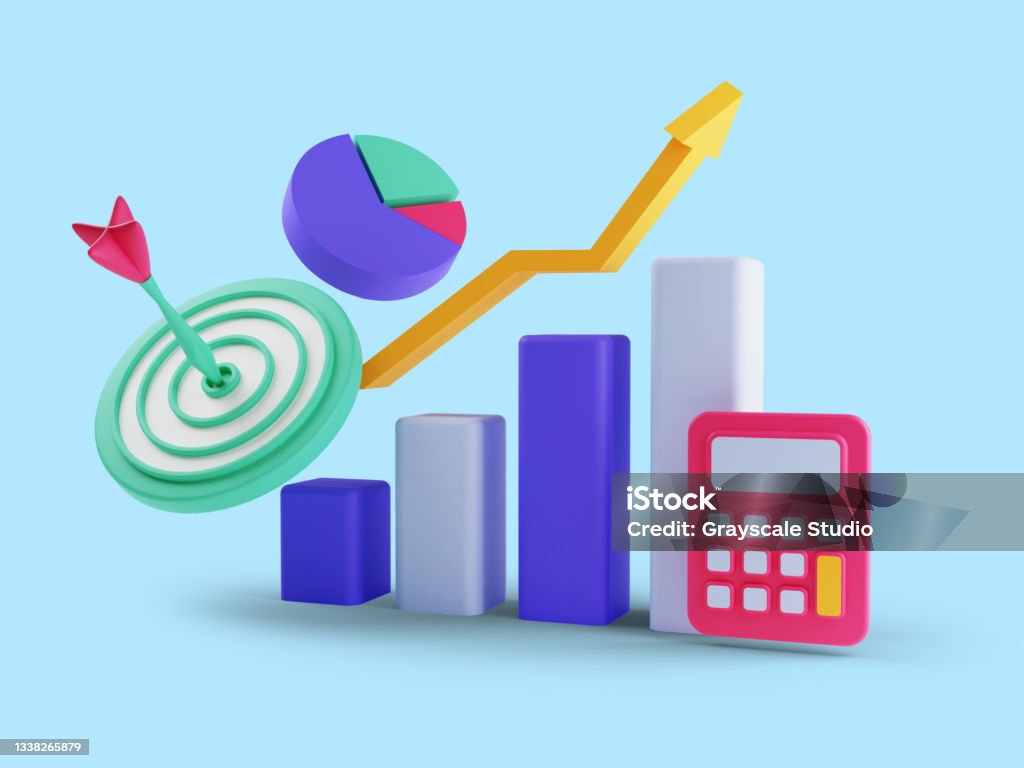 3d render of ROI concept, Return on investment, people managing financial chart, profit income. Isolated on blue background Three Dimensional Stock Photo
