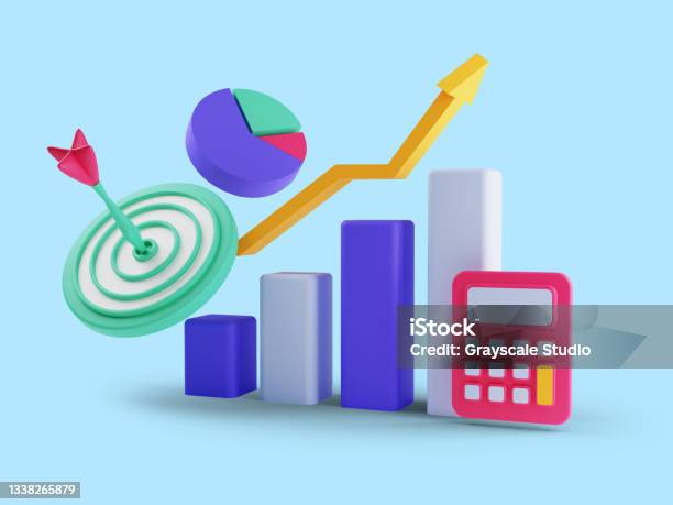 3d Render Of Roi Concept Return On Investment People Managing Financial Chart Profit Income Isolated On Blue Background Stock Photo - Download Image Now
