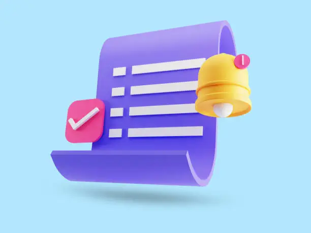 3d render of paper bill, transaction receipt online payment icon. Isolated on blue background
