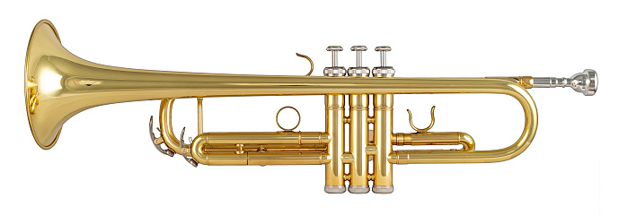 Golden shiny metallic brass trumpet music instrument isolated on white background. musical equipment entertainment orchestra band concept.
