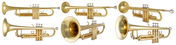 黄金の光沢のあるメタリックブラストランペット楽器のセットコレクションは、白い背景を分離しました。ミュージカル・インタータイメント・バンド・コンセプト。 - trumpet musical instrument bugle isolated ストックフォトと画像