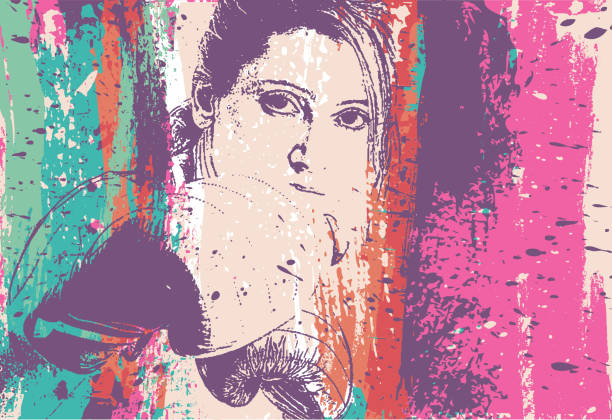 istock Woman boxing to the viewer over hand-painted brushstrokes - v2 1338270780