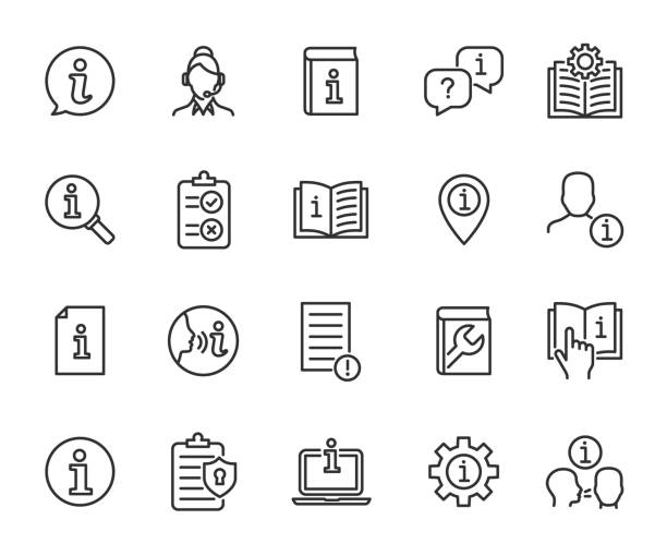 ilustrações de stock, clip art, desenhos animados e ícones de vector set of information line icons. contains icons instruction, privacy policy, info center, manual, rule, guide, reference, help and more. pixel perfect. - relevant