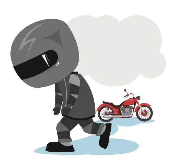 Vector illustration of Biker cartoon. Child illustration. Sad. Sports uniform and helmet. Cool motorcycle. Chopper bike. Funny motorcyclist. Isolated on white background. Vector