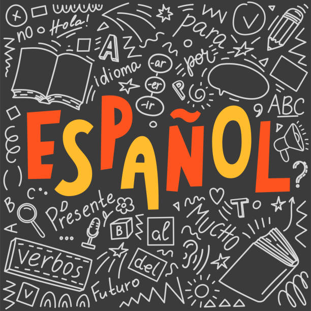 espanol. spanish language doodle with lettering - 西班牙語 幅插畫檔、美工圖案、卡通及圖標