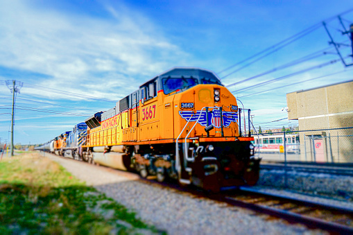 April 27 2015 - Calgary Alberta Canada - Union Pacific Locomotive 3667 at train station in Calgary