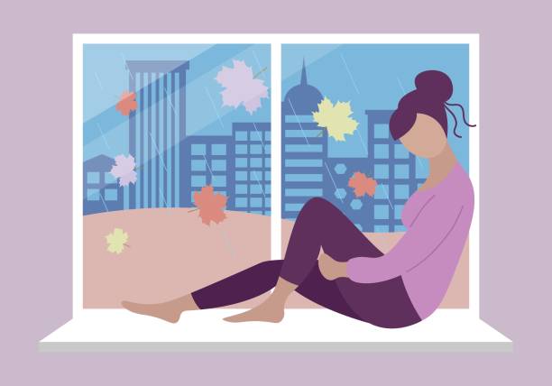 Autumn depression. Sad girl sitting at window. Rainy weather. Maple leaves are falling on street, silhouette of city on background. Vector flat concept illustration Autumn depression. Sad girl sitting at window. Rainy weather. Maple leaves are falling on street, silhouette of city on background. Vector flat concept illustration rain silhouettes stock illustrations