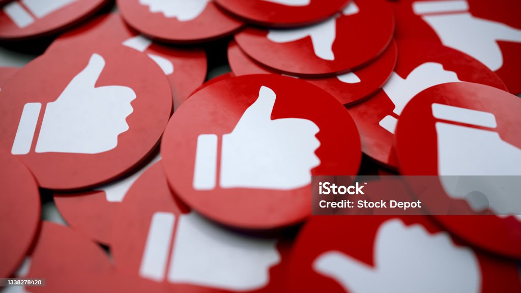 Clouse Up Social Media Thumbs Up Like Icons , A Lot Of Thumbs Up Icons And Selective Focus, 3d Illustration Scene Social Media Marketing Stock Photo