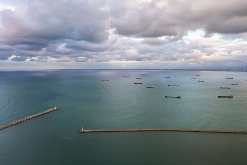 Roadstead Cargo Ships Standing On The Roadstead Stock Photo - Download Image Now ...