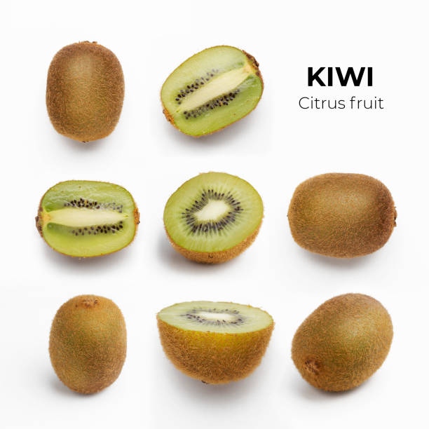 istock Whole and cut and sliced fresh kiwi set isolated on white background. 1338280913