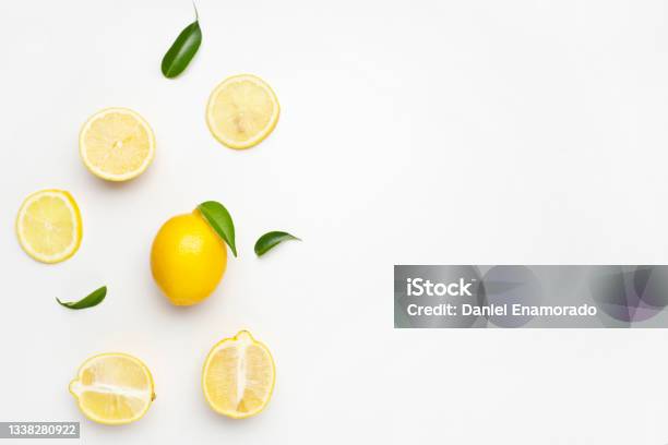 Elegant Composition Of Set Of Lemons On A White Background Stock Photo - Download Image Now