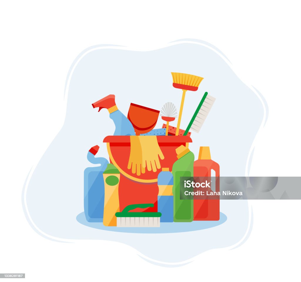 Assorted Cleaning Items Set With Brooms Bucket Mops Spray Brushes Sponges Cleaning  Accessories Flat Style Stock Illustration - Download Image Now - iStock
