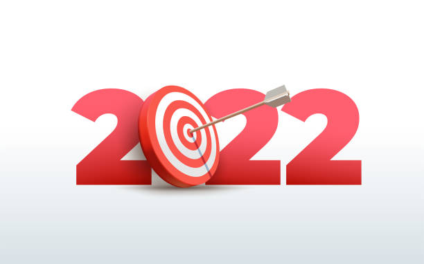 2022 ��년 새해 현실적인 목표와 붉은 양궁 대상에서 2022의 기호와 목표, 화살표 궁수와 숫자. 새해 2022 개념에 대한 해상도 및 목표. 흰색 배경의 벡터 그림 - target aspirations aiming challenge stock illustrations