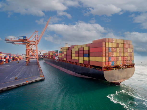 istock Aerial view of cargo ship in transit. 1338284156