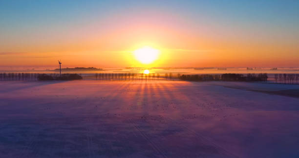 paysage de lever de soleil d’hiver à sneek, frise pays-bas. vue ariel du lac gelé avec coucher de soleil et oiseaux en vol. vue à vol d’oiseau du magnifique coucher de soleil sur la neige par une journée d’hiver froide et venteuse - frozen cold lake reed photos et images de collection