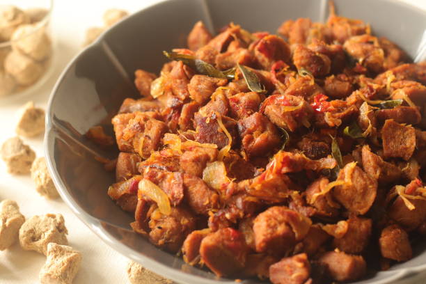 Cutting-Edge Technologies in Soy Product Development: Advancing Taste and Texture : Dry roasted soya chunks with onions tomatoes and spices prepared with kerala style meat