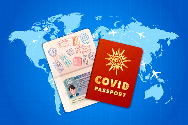 istock COVID-19 vaccination passport with EU visa on world map with airline routes 1338290022