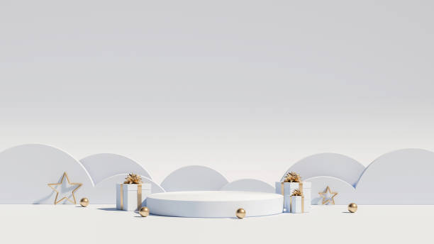 Christmas podium for branding and packaging presentation. White product display with gift boxes and gold stars. Christmas showcase. Cosmetic and fashion. 3d illustration. 3d render.