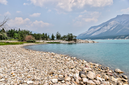 Landscapes along the shore of Abraham Lake in David Thompson Park in the Canadian Rockies