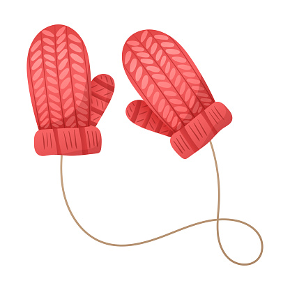 Cartoon vector winter illustration. Christmas knitted woolen mittens on a rope.