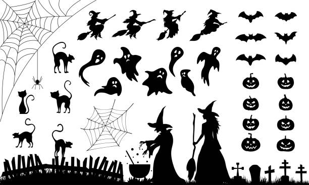 ilustraciones, imágenes clip art, dibujos animados e iconos de stock de conjunto de elementos para halloween. colección de siluetas negras. - halloween