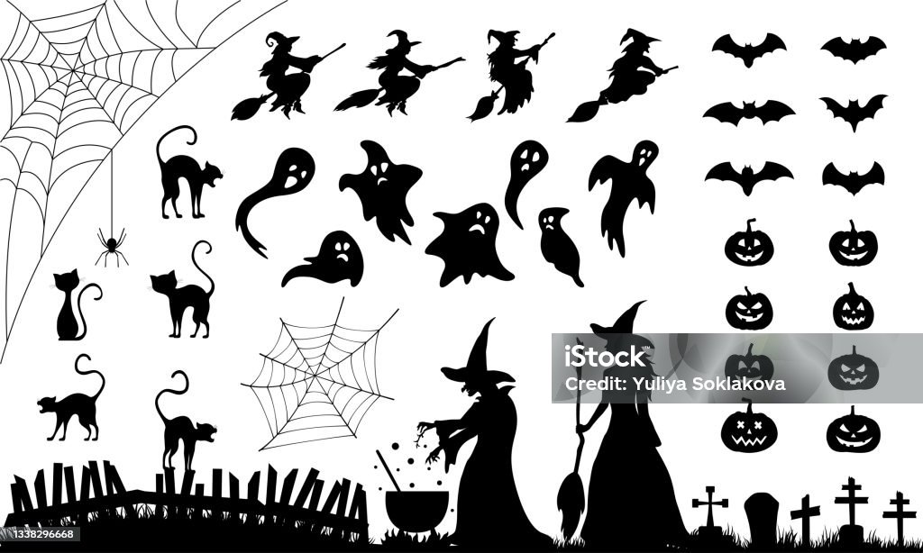 Set of elements for Halloween. Collection of black silhouettes. - Royalty-free Dia das Bruxas arte vetorial