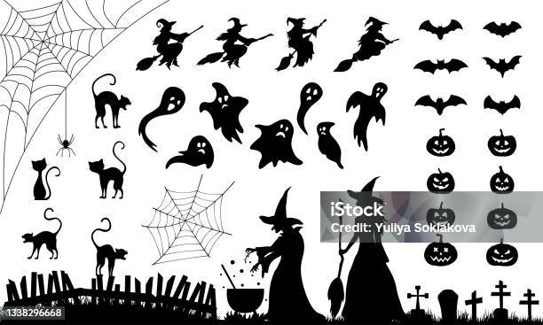 Set Of Elements For Halloween Collection Of Black Silhouettes - Arte vetorial de stock e mais imagens de Dia das Bruxas