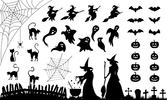 Set of elements for Halloween. Collection of black silhouettes.