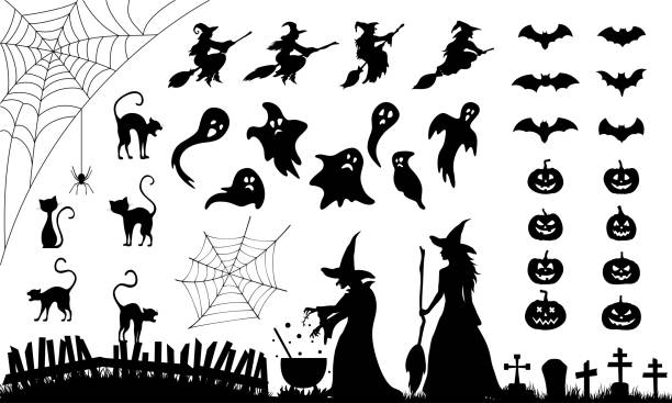 Set of elements for Halloween. Collection of black silhouettes. Set of elements for Halloween. Collection of black silhouettes. cauldron illustrations stock illustrations