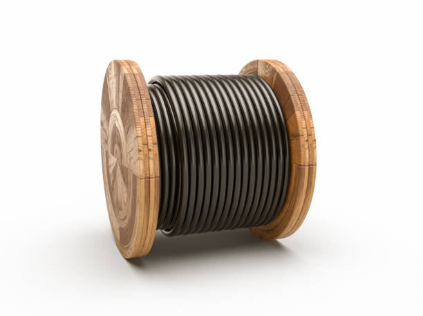 Wooden coil of Black electric cable isolated white background Wooden coil of Black electric cable isolated white background. 3D illustration. wooden spool stock pictures, royalty-free photos & images